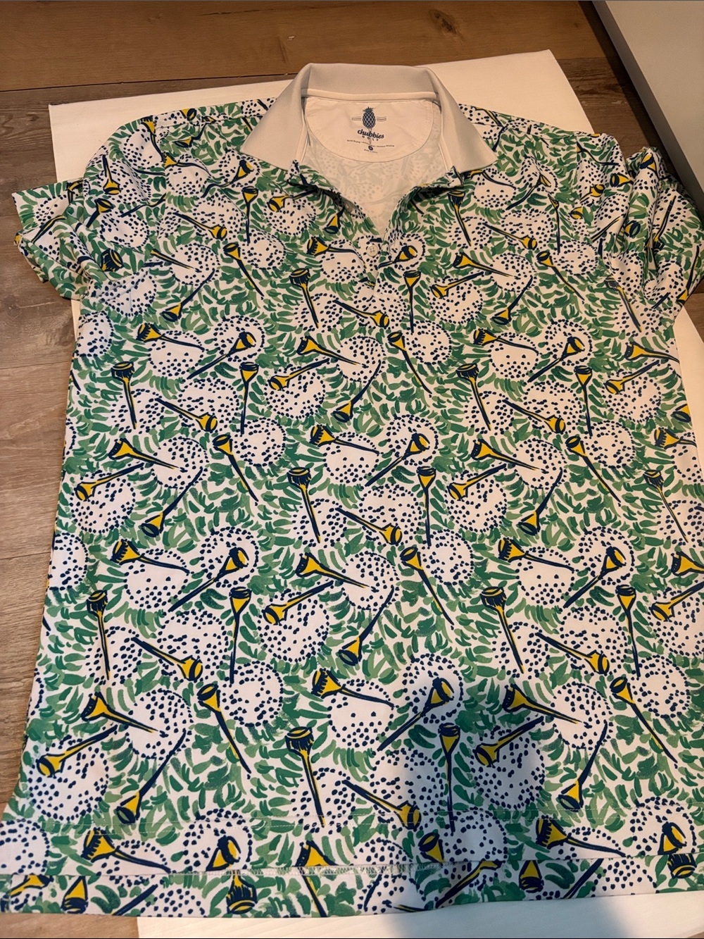chubbies White Polo with Green Botanical and Yellow Accent Print